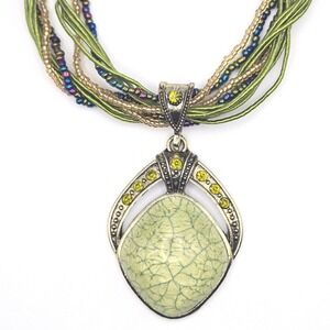 Bohemian Pendant Necklace Multi‎ Strand Green Gold Peacock Seed Beads Satin Cord